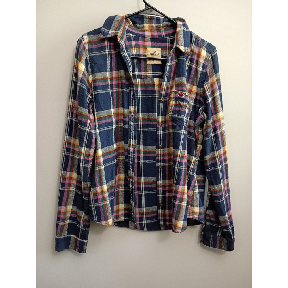 Hollister California Womens Large Plaid Flannel Shirt Navy Pink Yellow Cotton